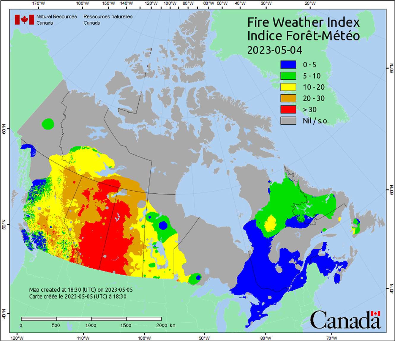 Canada Fire Weather Index map May 4, 2023