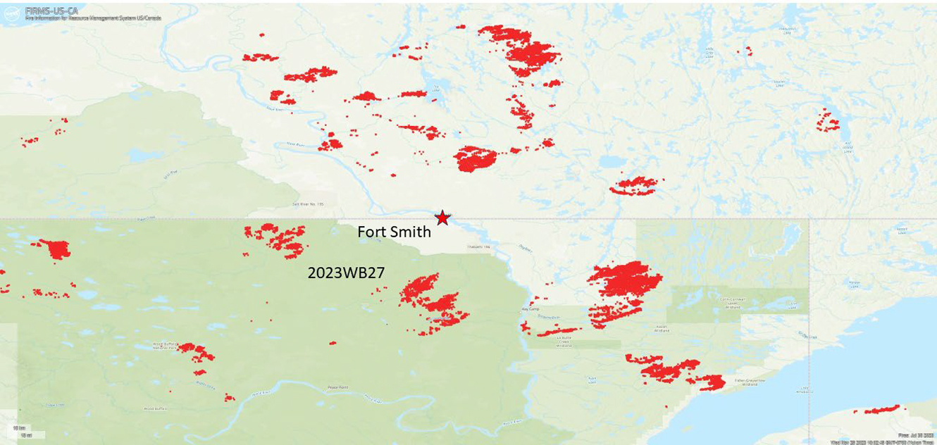 Wildfire map near Fort Smith with red hotspots