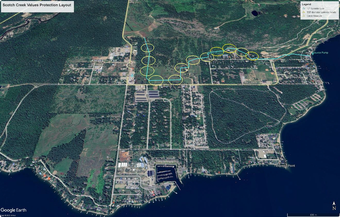 Aerial map of Scotch Creek fire protection layout