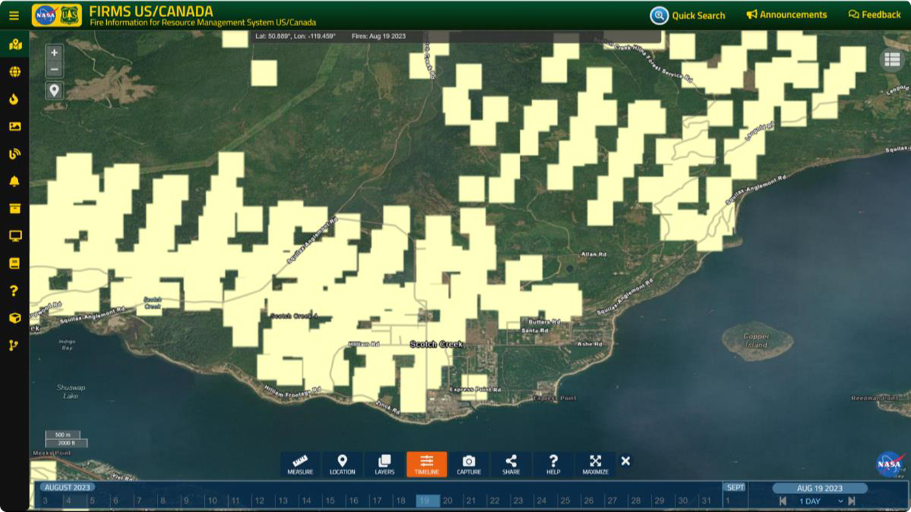 Wildfire detection map over Scotch Creek near Shuswap Lake
