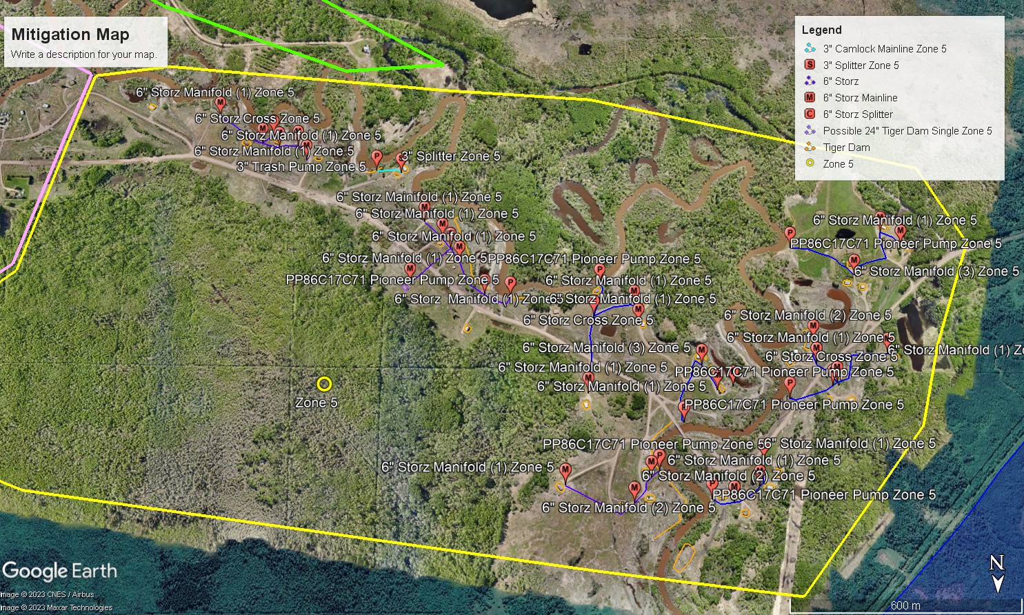Mitigation map showing pumps and manifolds in Zone 5